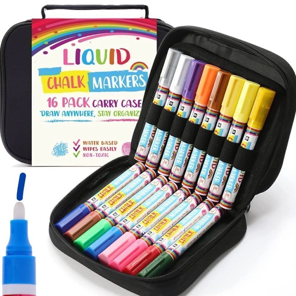 16 Chalk Marker With Case Vibrant Colors Reversible Tips - Picture 2 of 6